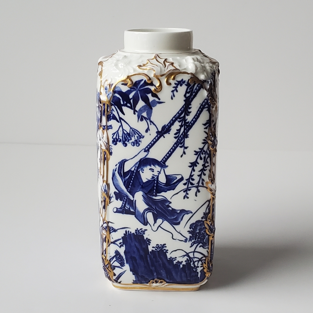 Royal Crown Derby Blue Mikado Porcelain Square Vase Blue & White w/ 22k Gold EUC
